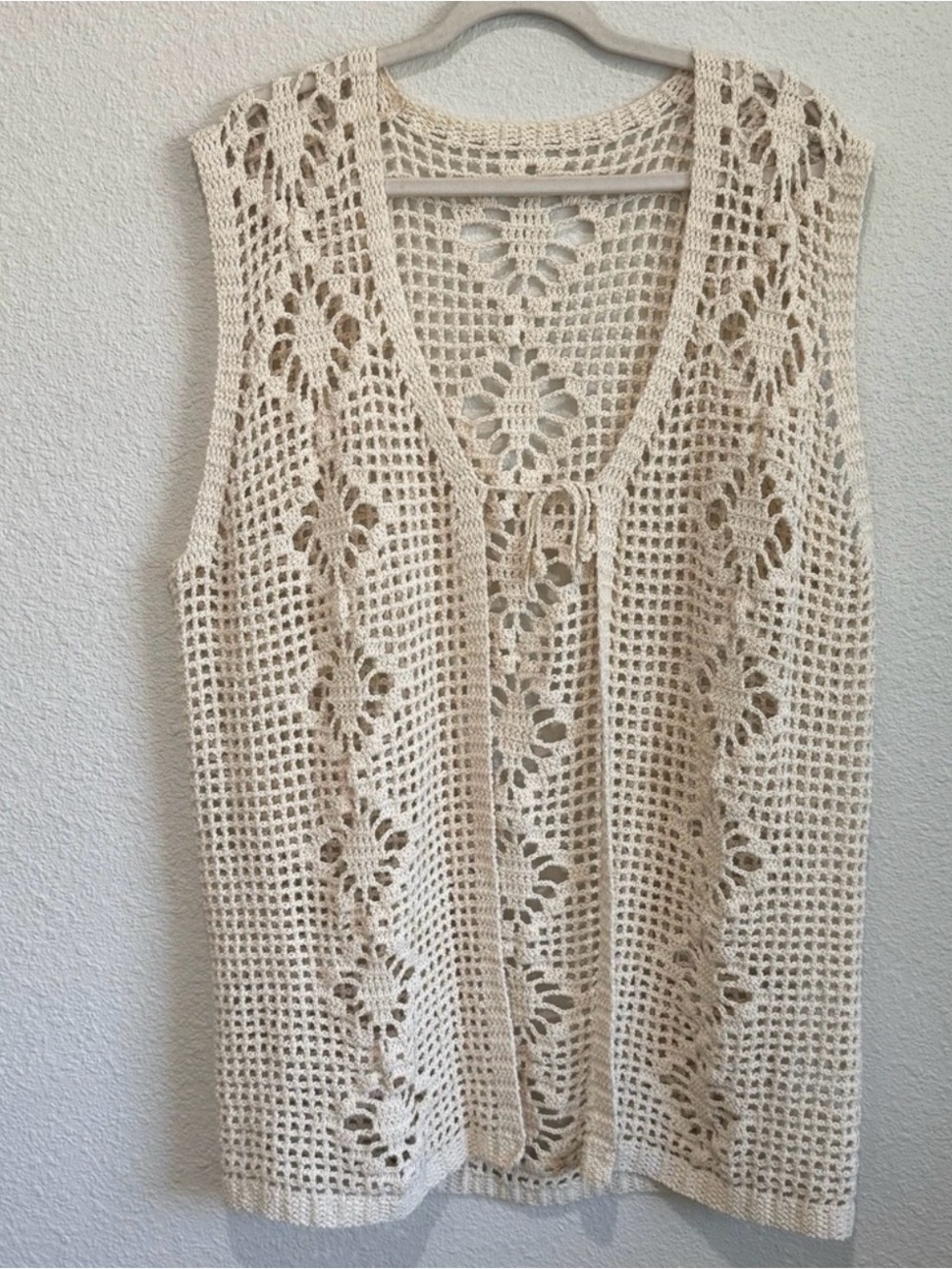 Y2K Crochet Lace Cream Open Knit Boho Vest - Cardigan Front‎ Tie